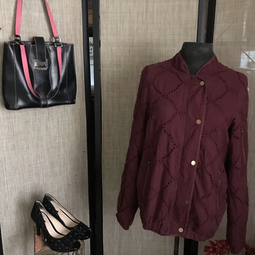Listicle bomber jacket eyelet zip up and snap